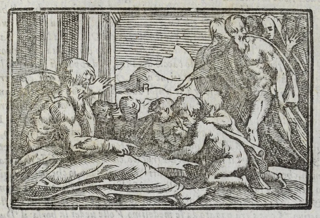 An illustration from I marmi del Doni, academico peregrino, cioè, Ragionamenti introdotti a farsi da varie conditioni d'huomini, à luoghi di honesto piacere in Firenze : ripieno di discorsi in varie scienze & discipline ; diviso in quattro libri .., 1609, leaf 82