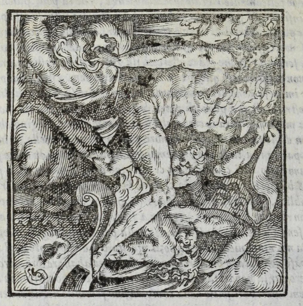 An illustration from I marmi del Doni, academico peregrino, cioè, Ragionamenti introdotti a farsi da varie conditioni d'huomini, à luoghi di honesto piacere in Firenze : ripieno di discorsi in varie scienze & discipline ; diviso in quattro libri .., 1609, leaf 94