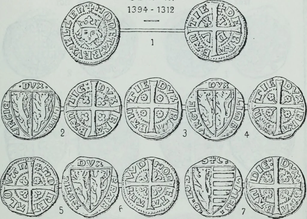 An illustration from Imitations des monnaies au type esterlin frappées en Europe pendante le XIIIe et le XIVe siècle, 1871, leaf 14