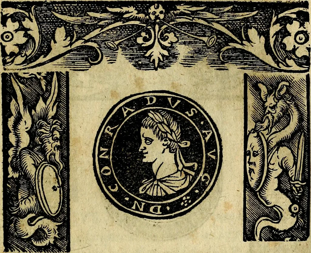An illustration from Imperatorum et Caesarum vitæ, cum inaginibus ad vivam effigiem expressis. Libellus auctus cum elencho & iconijs consulum ab authore, 1534, leaf 174