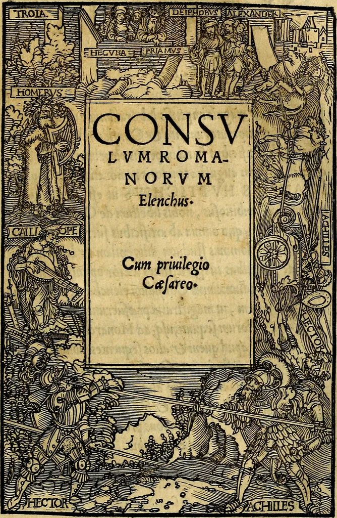 An illustration from Imperatorum et Caesarum vitæ, cum inaginibus ad vivam effigiem expressis. Libellus auctus cum elencho & iconijs consulum ab authore, 1534, leaf 200