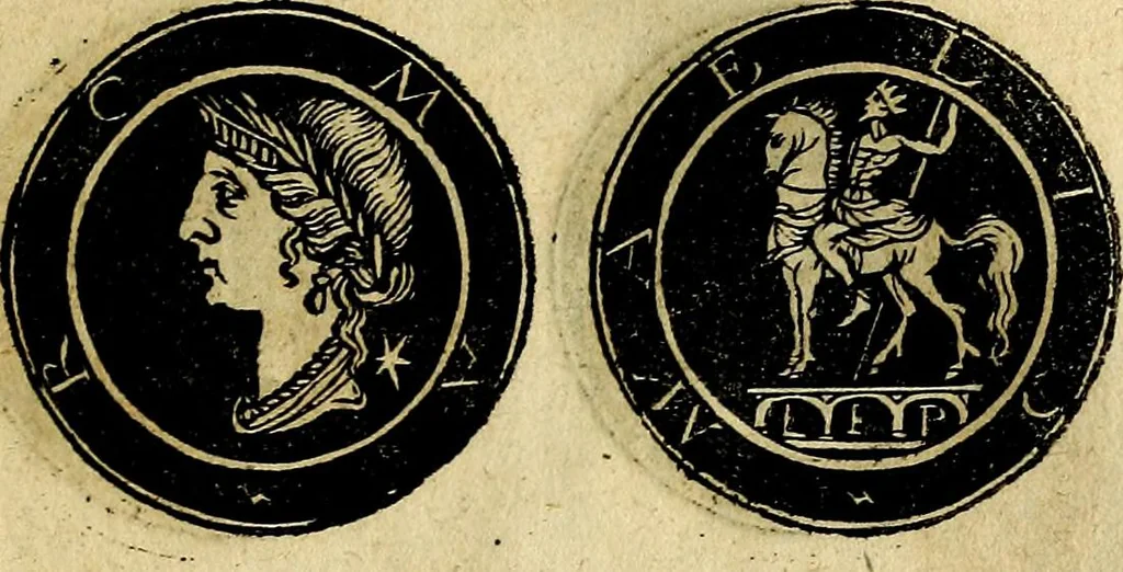 An illustration from Imperatorum et Caesarum vitæ, cum inaginibus ad vivam effigiem expressis. Libellus auctus cum elencho & iconijs consulum ab authore, 1534, leaf 218