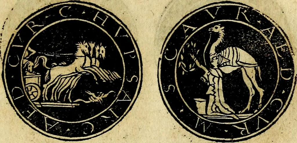 An illustration from Imperatorum et Caesarum vitæ, cum inaginibus ad vivam effigiem expressis. Libellus auctus cum elencho & iconijs consulum ab authore, 1534, leaf 218