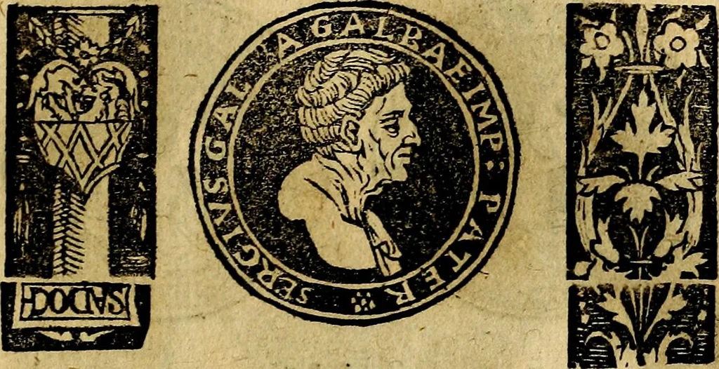 An illustration from Imperatorum et Caesarum vitæ, cum inaginibus ad vivam effigiem expressis. Libellus auctus cum elencho & iconijs consulum ab authore, 1534, leaf 50
