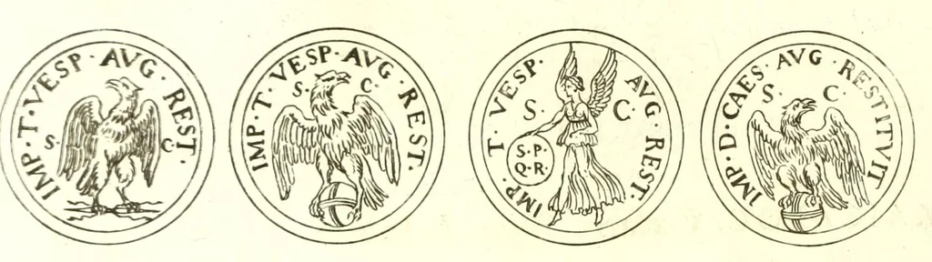 An illustration from Imperatorum romanorum numismata ex aere, mediae et minimae formae: descripta & enarrata, 1671, leaf 102