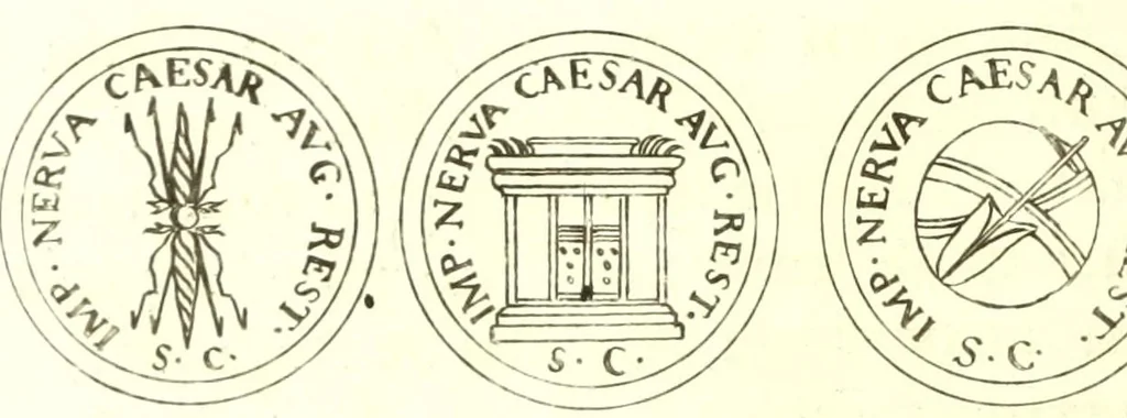 An illustration from Imperatorum romanorum numismata ex aere, mediae et minimae formae: descripta & enarrata, 1671, leaf 102