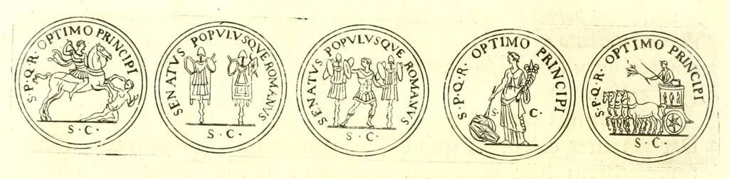 An illustration from Imperatorum romanorum numismata ex aere, mediae et minimae formae: descripta & enarrata, 1671, leaf 236