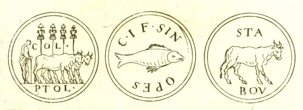 An illustration from Imperatorum romanorum numismata ex aere, mediae et minimae formae: descripta & enarrata, 1671, leaf 381