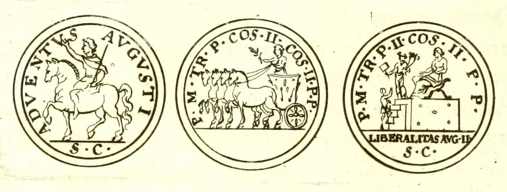 An illustration from Imperatorum romanorum numismata ex aere, mediae et minimae formae: descripta & enarrata, 1671, leaf 394