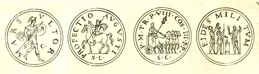 An illustration from Imperatorum romanorum numismata ex aere, mediae et minimae formae: descripta & enarrata, 1671, leaf 410