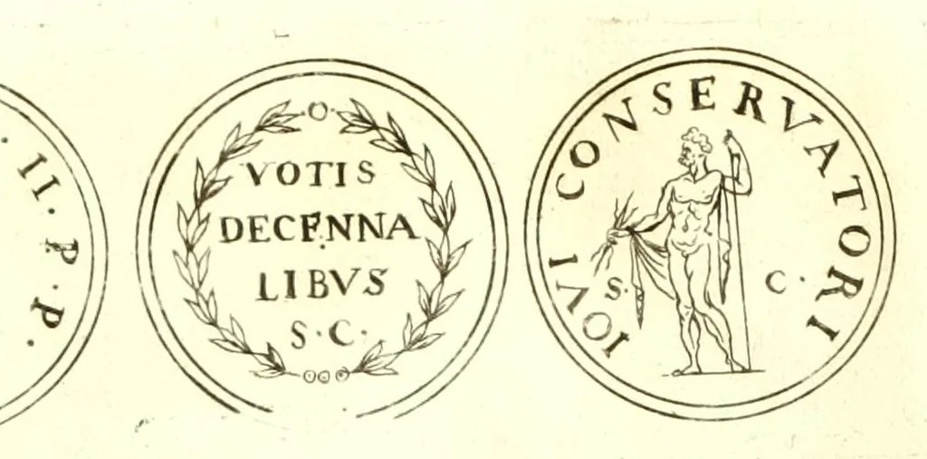 An illustration from Imperatorum romanorum numismata ex aere, mediae et minimae formae: descripta & enarrata, 1671, leaf 428