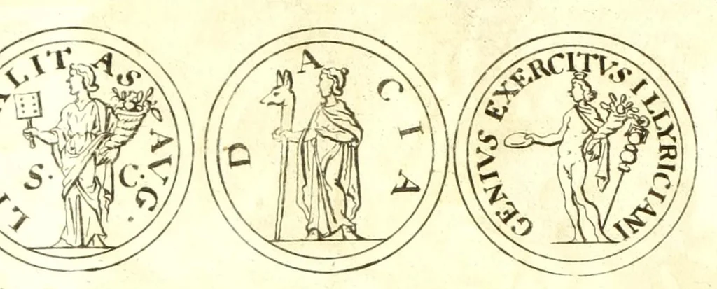 An illustration from Imperatorum romanorum numismata ex aere, mediae et minimae formae: descripta & enarrata, 1671, leaf 454