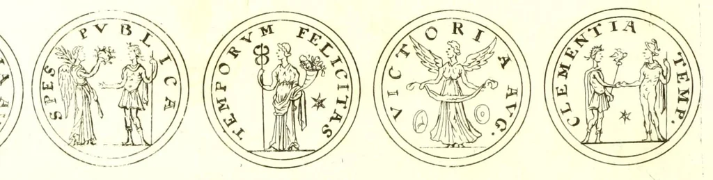 An illustration from Imperatorum romanorum numismata ex aere, mediae et minimae formae: descripta & enarrata, 1671, leaf 498