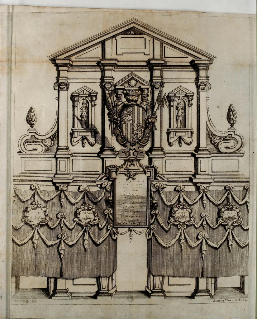 An illustration from Impetus doloris Excell. Princ. D. Ant. Triuulzio praepropera morte sublato praepropere funere parentatis, 1678, leaf 15