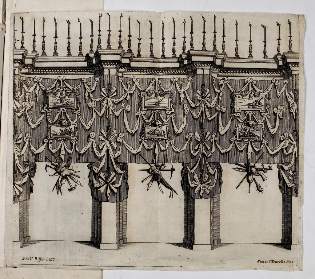 An illustration from Impetus doloris Excell. Princ. D. Ant. Triuulzio praepropera morte sublato praepropere funere parentatis, 1678, leaf 19