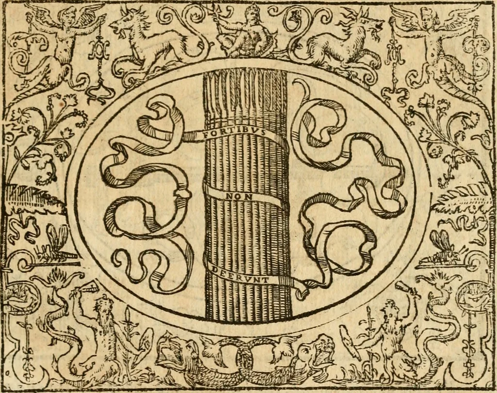 An illustration from Dialogo dell'imprese militari et amorose di monsignor Giovio, vescouo di Nocera : con vn ragionamento di messer Lodouico Domenichi nel medesimo soggetto ; con la tavola, 1559, leaf 100