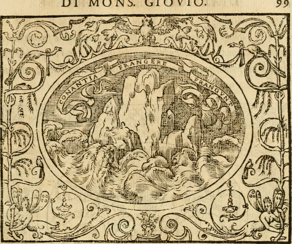 An illustration from Dialogo dell'imprese militari et amorose di monsignor Giovio, vescouo di Nocera : con vn ragionamento di messer Lodouico Domenichi nel medesimo soggetto ; con la tavola, 1559, leaf 104