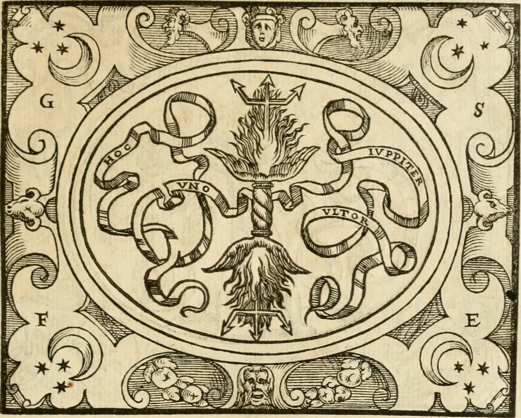 An illustration from Dialogo dell'imprese militari et amorose di monsignor Giovio, vescouo di Nocera : con vn ragionamento di messer Lodouico Domenichi nel medesimo soggetto ; con la tavola, 1559, leaf 126