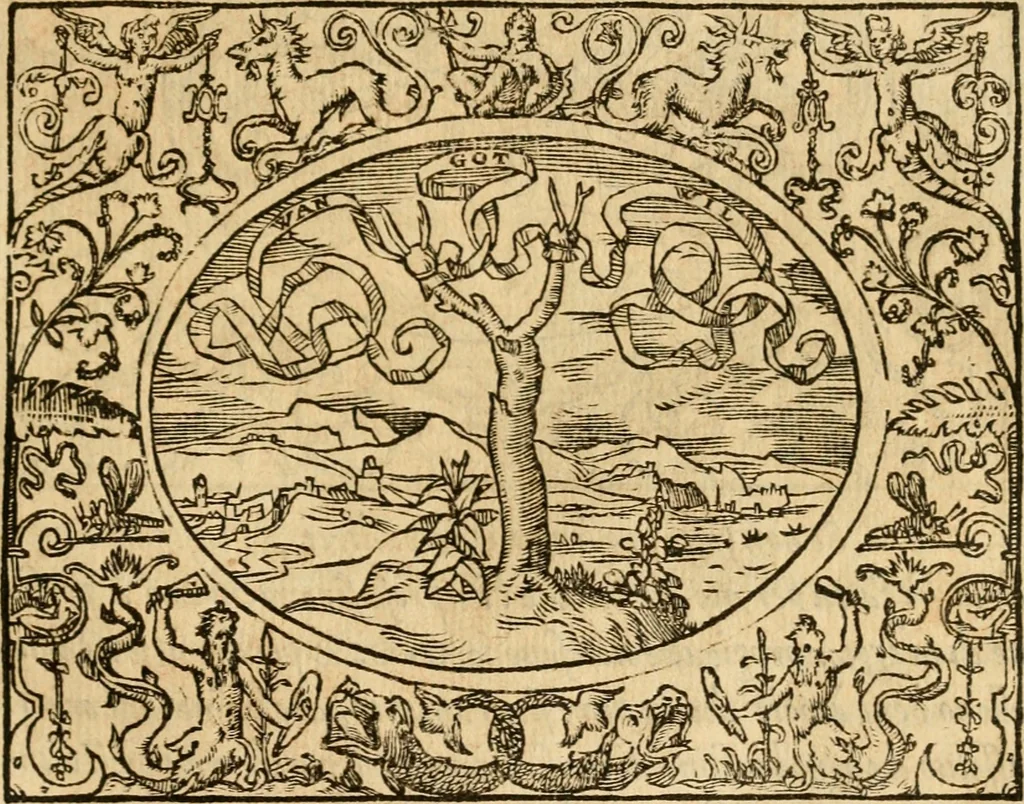 An illustration from Dialogo dell'imprese militari et amorose di monsignor Giovio, vescouo di Nocera : con vn ragionamento di messer Lodouico Domenichi nel medesimo soggetto ; con la tavola, 1559, leaf 144