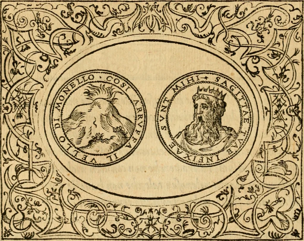 An illustration from Dialogo dell'imprese militari et amorose di monsignor Giovio, vescouo di Nocera : con vn ragionamento di messer Lodouico Domenichi nel medesimo soggetto ; con la tavola, 1559, leaf 147