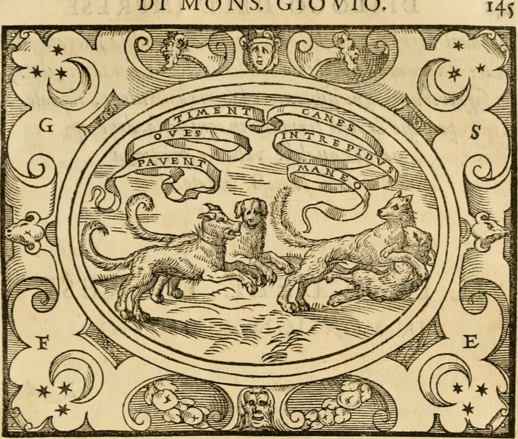 An illustration from Dialogo dell'imprese militari et amorose di monsignor Giovio, vescouo di Nocera : con vn ragionamento di messer Lodouico Domenichi nel medesimo soggetto ; con la tavola, 1559, leaf 150
