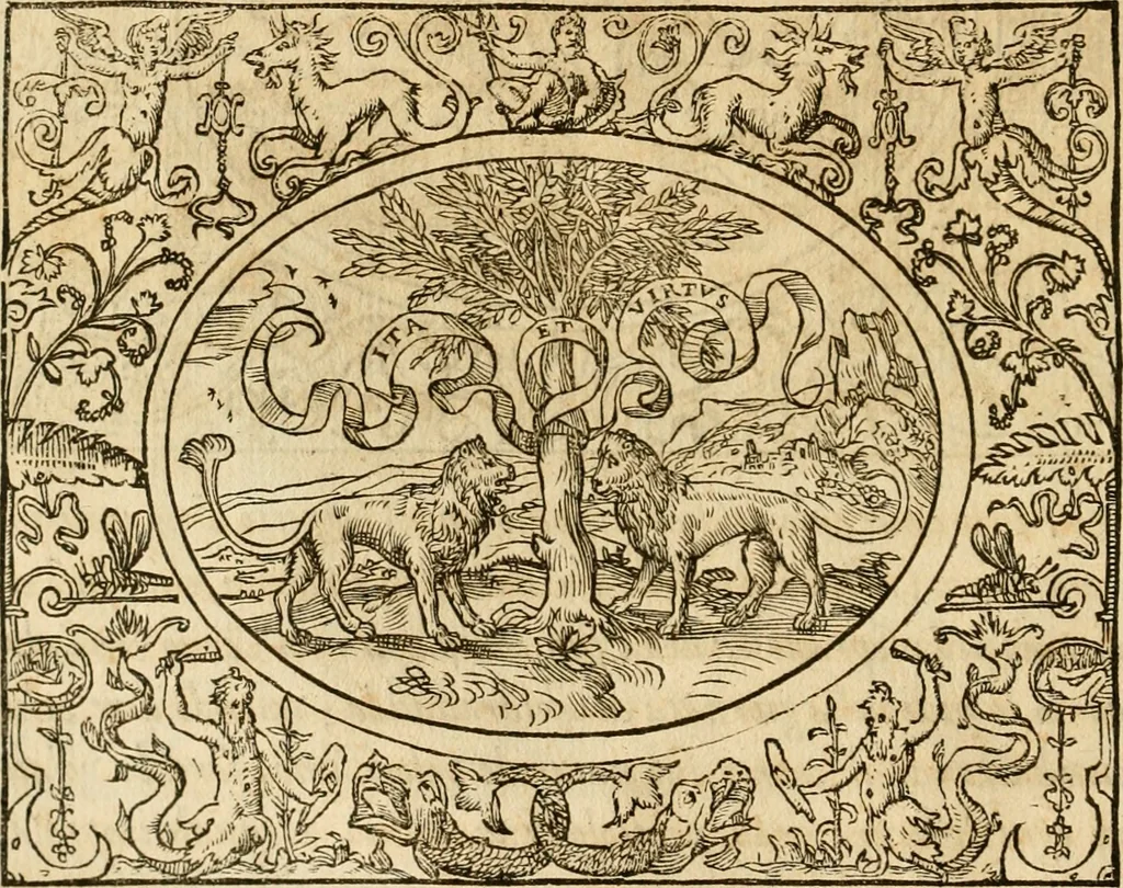 An illustration from Dialogo dell'imprese militari et amorose di monsignor Giovio, vescouo di Nocera : con vn ragionamento di messer Lodouico Domenichi nel medesimo soggetto ; con la tavola, 1559, leaf 17
