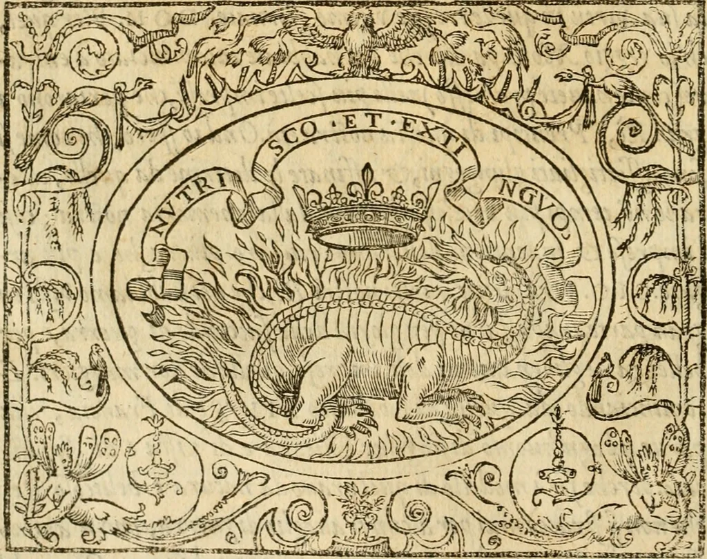 An illustration from Dialogo dell'imprese militari et amorose di monsignor Giovio, vescouo di Nocera : con vn ragionamento di messer Lodouico Domenichi nel medesimo soggetto ; con la tavola, 1559, leaf 27