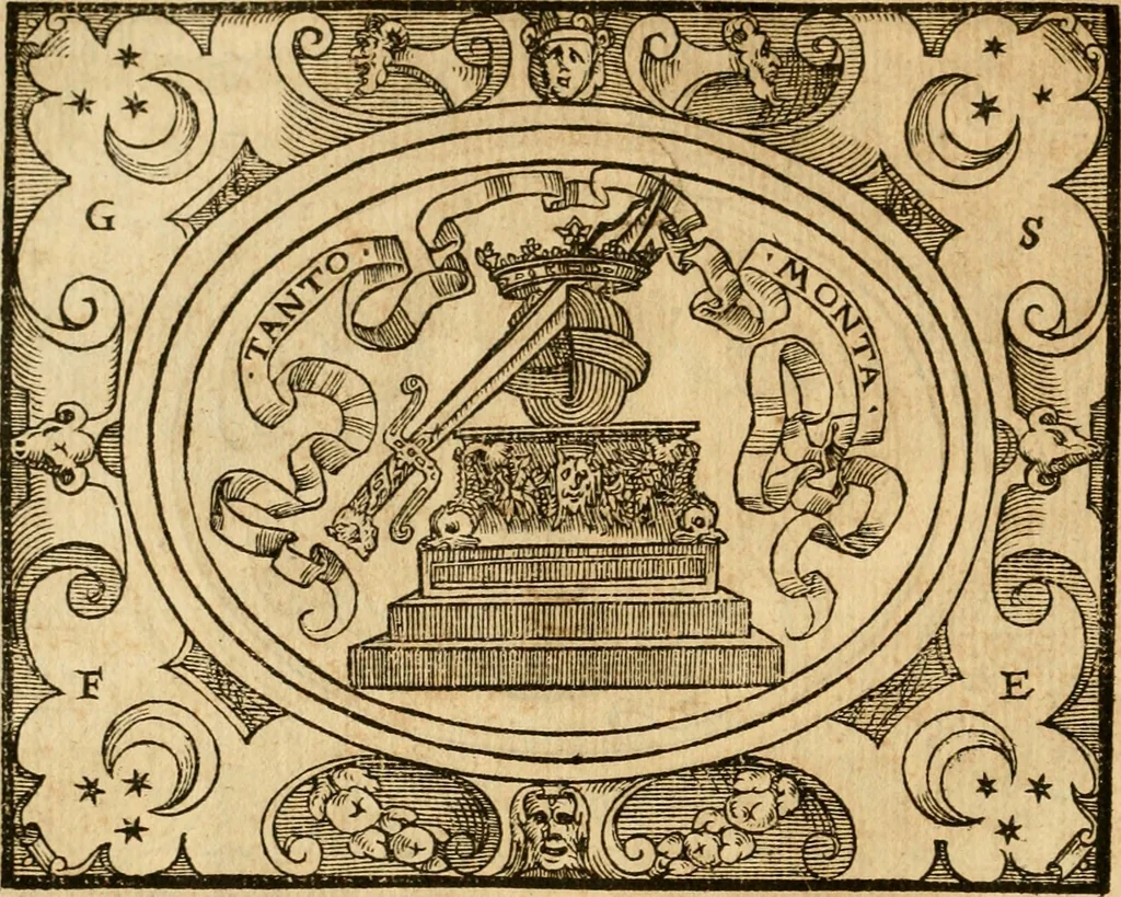An illustration from Dialogo dell'imprese militari et amorose di monsignor Giovio, vescouo di Nocera : con vn ragionamento di messer Lodouico Domenichi nel medesimo soggetto ; con la tavola, 1559, leaf 31