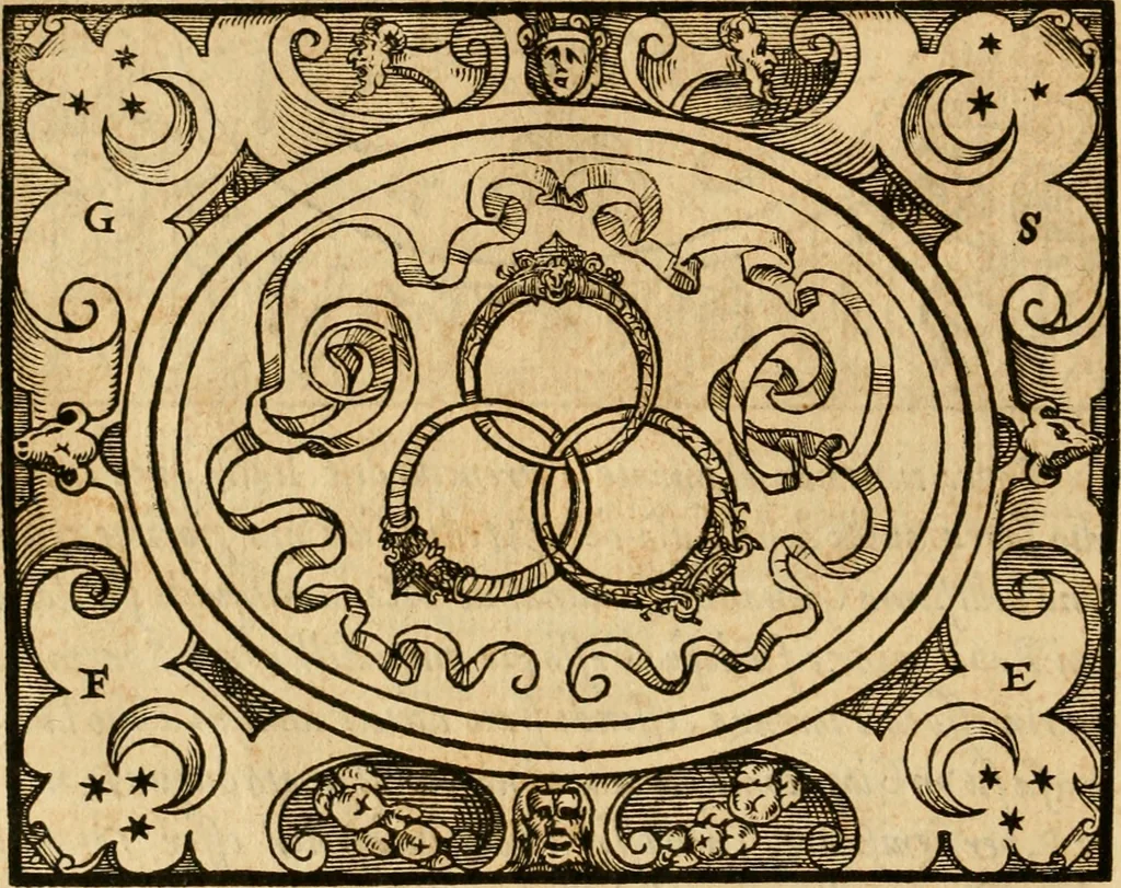 An illustration from Dialogo dell'imprese militari et amorose di monsignor Giovio, vescouo di Nocera : con vn ragionamento di messer Lodouico Domenichi nel medesimo soggetto ; con la tavola, 1559, leaf 45