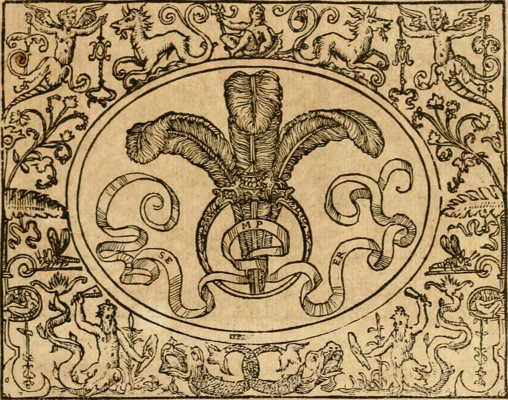An illustration from Dialogo dell'imprese militari et amorose di monsignor Giovio, vescouo di Nocera : con vn ragionamento di messer Lodouico Domenichi nel medesimo soggetto ; con la tavola, 1559, leaf 46