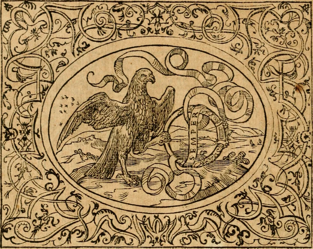 An illustration from Dialogo dell'imprese militari et amorose di monsignor Giovio, vescouo di Nocera : con vn ragionamento di messer Lodouico Domenichi nel medesimo soggetto ; con la tavola, 1559, leaf 47