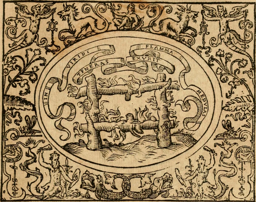An illustration from Dialogo dell'imprese militari et amorose di monsignor Giovio, vescouo di Nocera : con vn ragionamento di messer Lodouico Domenichi nel medesimo soggetto ; con la tavola, 1559, leaf 48