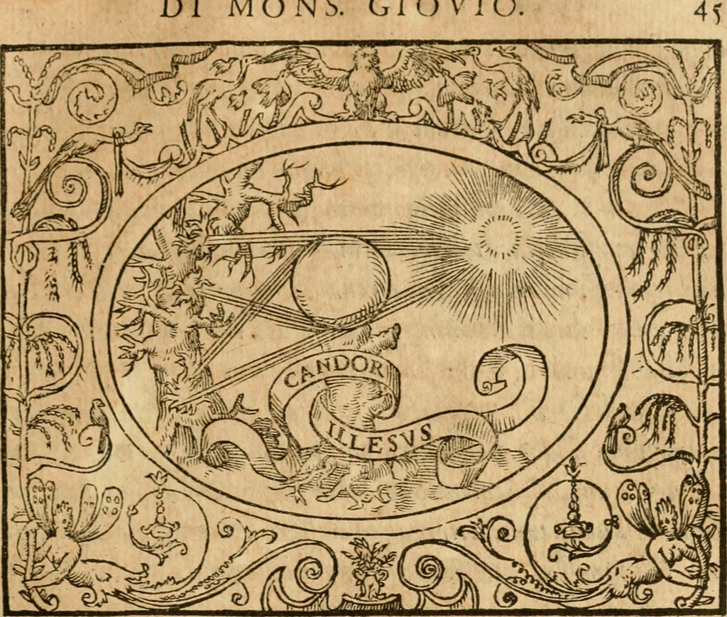 An illustration from Dialogo dell'imprese militari et amorose di monsignor Giovio, vescouo di Nocera : con vn ragionamento di messer Lodouico Domenichi nel medesimo soggetto ; con la tavola, 1559, leaf 50