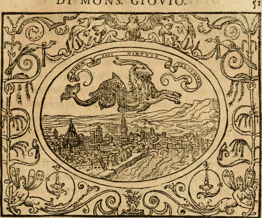 An illustration from Dialogo dell'imprese militari et amorose di monsignor Giovio, vescouo di Nocera : con vn ragionamento di messer Lodouico Domenichi nel medesimo soggetto ; con la tavola, 1559, leaf 56
