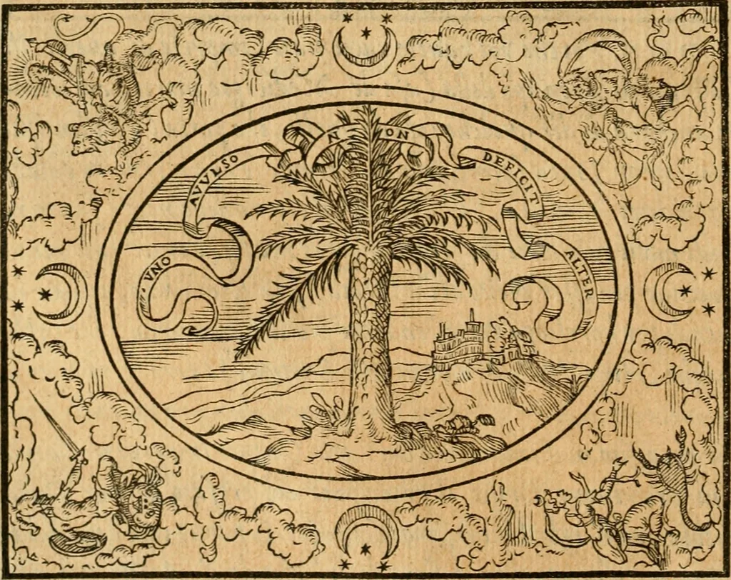 An illustration from Dialogo dell'imprese militari et amorose di monsignor Giovio, vescouo di Nocera : con vn ragionamento di messer Lodouico Domenichi nel medesimo soggetto ; con la tavola, 1559, leaf 57