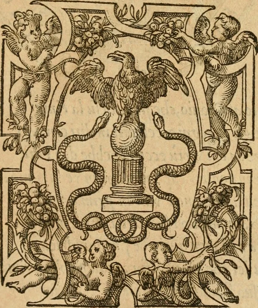 An illustration from Dialogo dell'imprese militari et amorose di monsignor Giovio, vescouo di Nocera : con vn ragionamento di messer Lodouico Domenichi nel medesimo soggetto ; con la tavola, 1559, leaf 6