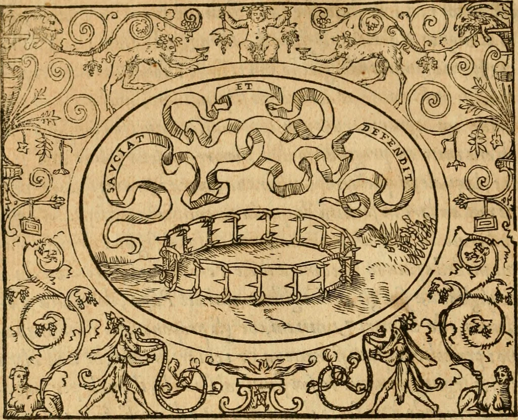 An illustration from Dialogo dell'imprese militari et amorose di monsignor Giovio, vescouo di Nocera : con vn ragionamento di messer Lodouico Domenichi nel medesimo soggetto ; con la tavola, 1559, leaf 61