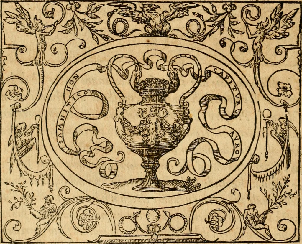 An illustration from Dialogo dell'imprese militari et amorose di monsignor Giovio, vescouo di Nocera : con vn ragionamento di messer Lodouico Domenichi nel medesimo soggetto ; con la tavola, 1559, leaf 63