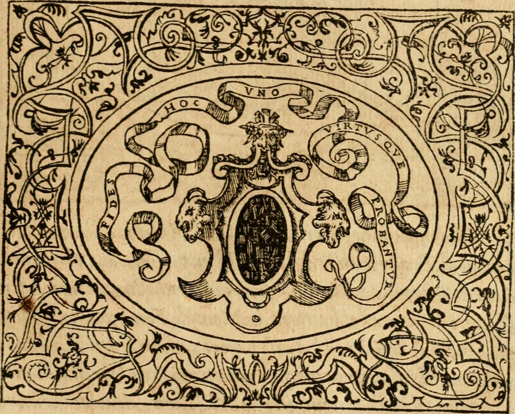 An illustration from Dialogo dell'imprese militari et amorose di monsignor Giovio, vescouo di Nocera : con vn ragionamento di messer Lodouico Domenichi nel medesimo soggetto ; con la tavola, 1559, leaf 64