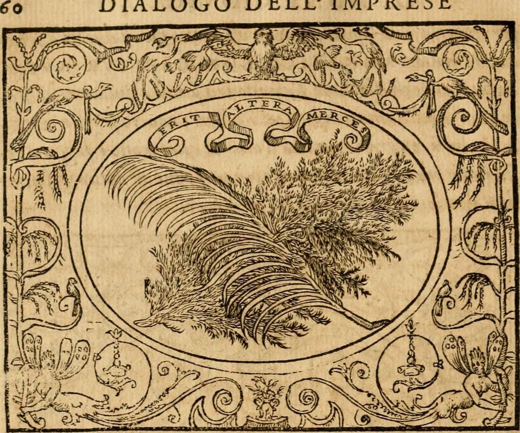 An illustration from Dialogo dell'imprese militari et amorose di monsignor Giovio, vescouo di Nocera : con vn ragionamento di messer Lodouico Domenichi nel medesimo soggetto ; con la tavola, 1559, leaf 65