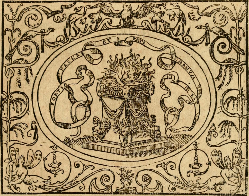 An illustration from Dialogo dell'imprese militari et amorose di monsignor Giovio, vescouo di Nocera : con vn ragionamento di messer Lodouico Domenichi nel medesimo soggetto ; con la tavola, 1559, leaf 68