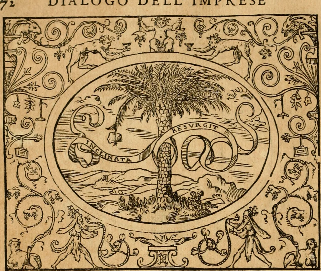 An illustration from Dialogo dell'imprese militari et amorose di monsignor Giovio, vescouo di Nocera : con vn ragionamento di messer Lodouico Domenichi nel medesimo soggetto ; con la tavola, 1559, leaf 77