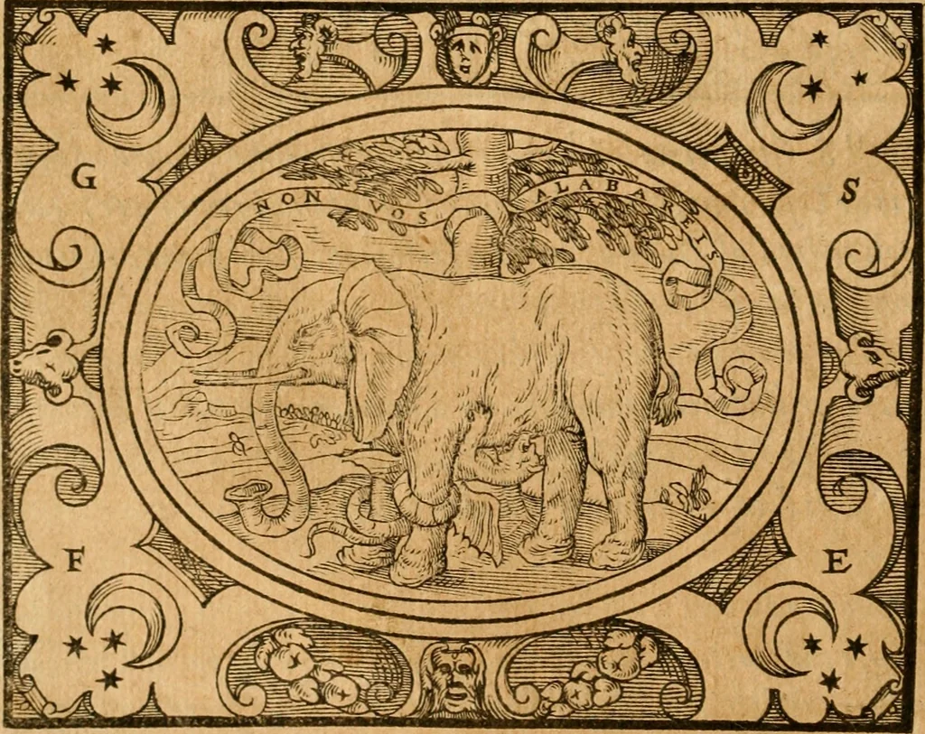 An illustration from Dialogo dell'imprese militari et amorose di monsignor Giovio, vescouo di Nocera : con vn ragionamento di messer Lodouico Domenichi nel medesimo soggetto ; con la tavola, 1559, leaf 81