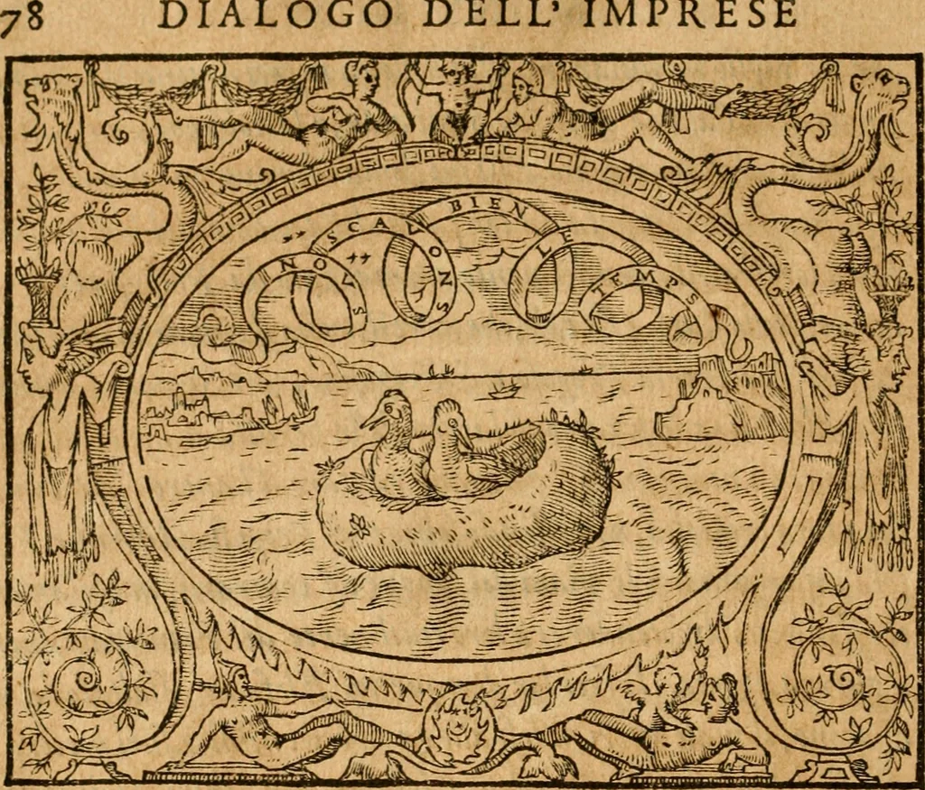 An illustration from Dialogo dell'imprese militari et amorose di monsignor Giovio, vescouo di Nocera : con vn ragionamento di messer Lodouico Domenichi nel medesimo soggetto ; con la tavola, 1559, leaf 83