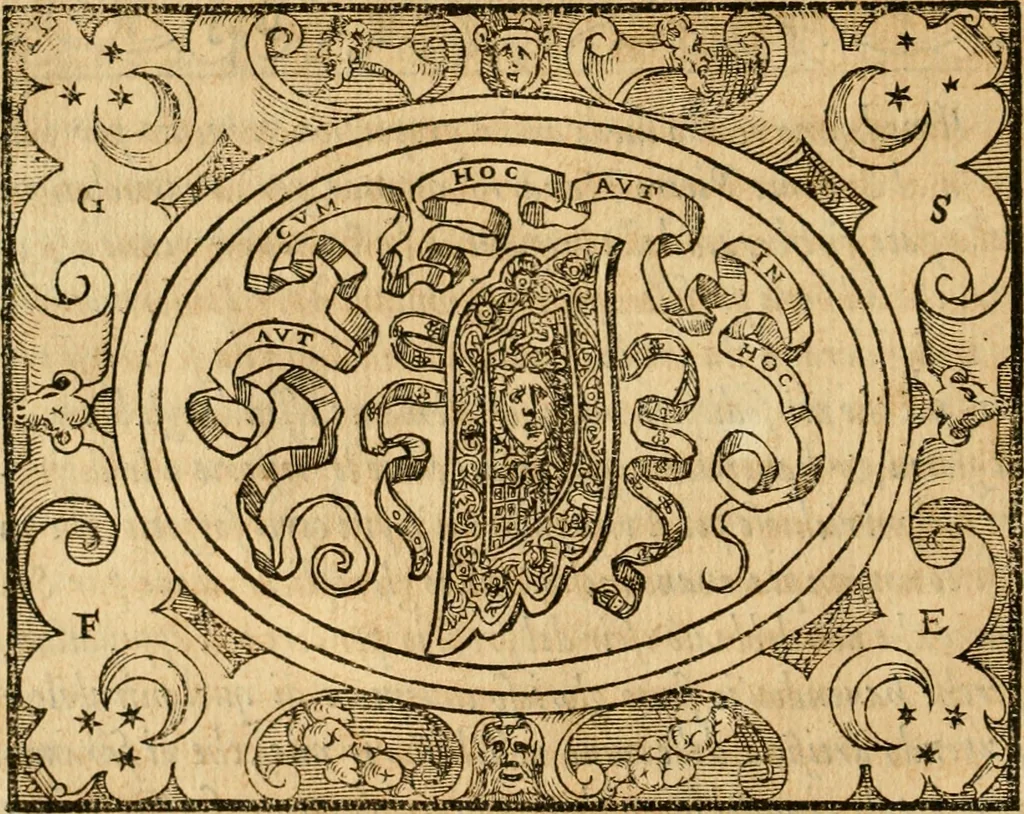 An illustration from Dialogo dell'imprese militari et amorose di monsignor Giovio, vescouo di Nocera : con vn ragionamento di messer Lodouico Domenichi nel medesimo soggetto ; con la tavola, 1559, leaf 91