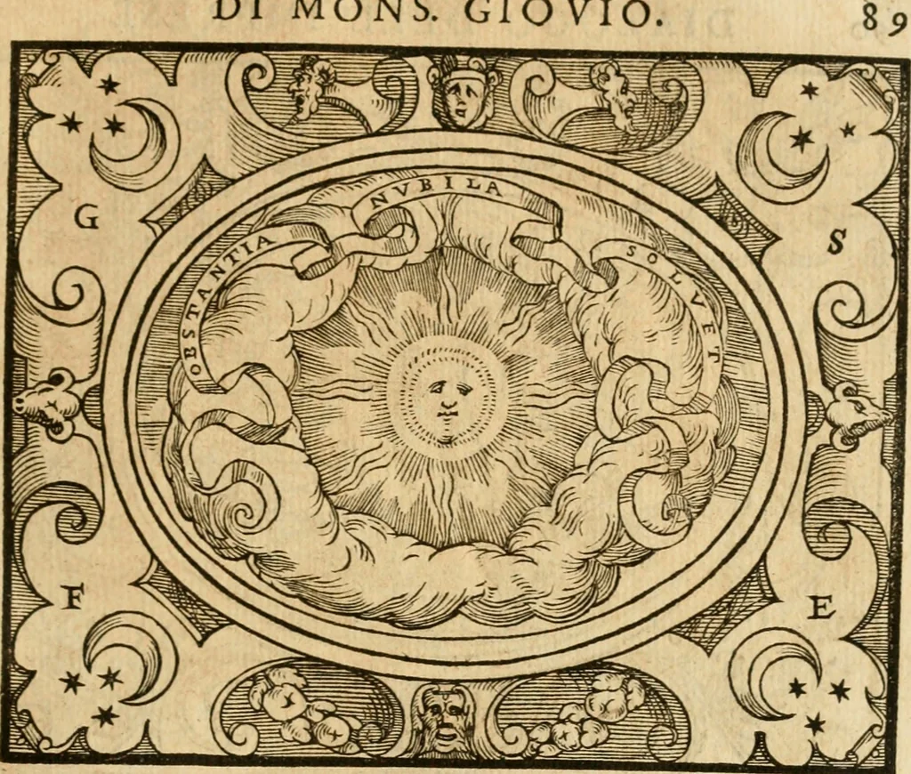 An illustration from Dialogo dell'imprese militari et amorose di monsignor Giovio, vescouo di Nocera : con vn ragionamento di messer Lodouico Domenichi nel medesimo soggetto ; con la tavola, 1559, leaf 94