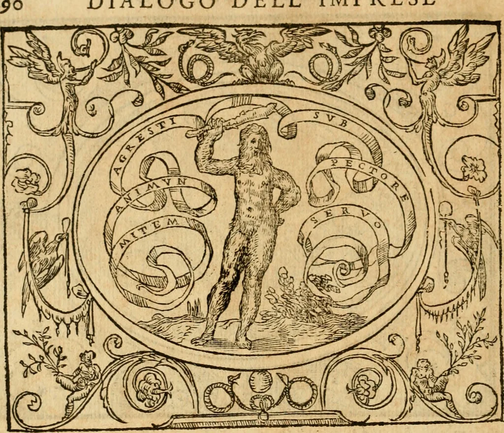 An illustration from Dialogo dell'imprese militari et amorose di monsignor Giovio, vescouo di Nocera : con vn ragionamento di messer Lodouico Domenichi nel medesimo soggetto ; con la tavola, 1559, leaf 95