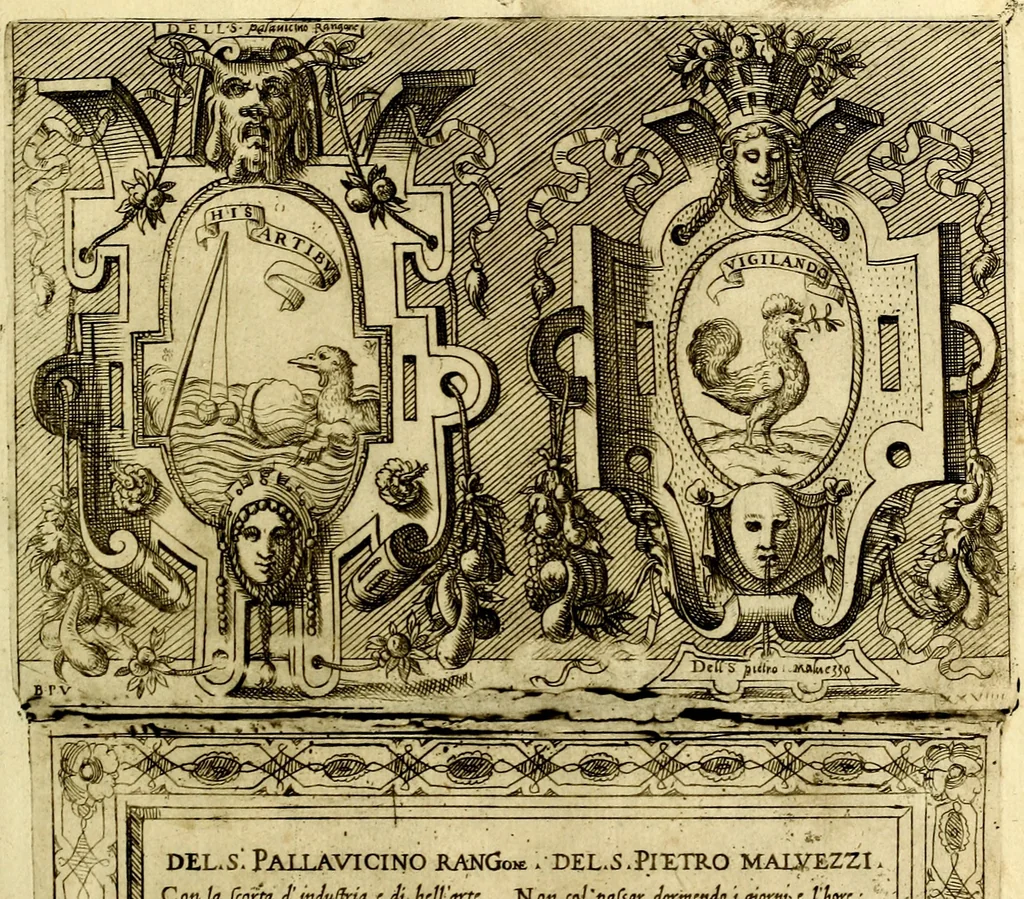 An illustration from Imprese nobili et ingeniose di diversi prencipi, et d'altri personaggi illustri nell'arme et nelle lettere : le quali, col disegno loro estrinseco, dimostrano l'animo, et la buona ò mala fortuna de gli autori loro, 1583, leaf 100