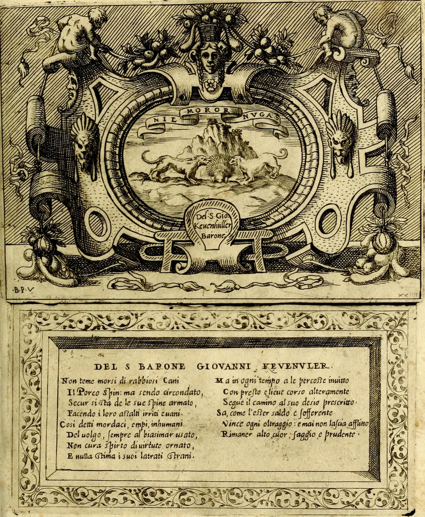 An illustration from Imprese nobili et ingeniose di diversi prencipi, et d'altri personaggi illustri nell'arme et nelle lettere : le quali, col disegno loro estrinseco, dimostrano l'animo, et la buona ò mala fortuna de gli autori loro, 1583, leaf 106