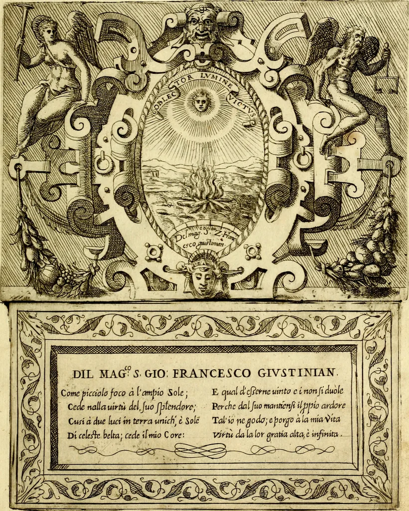 An illustration from Imprese nobili et ingeniose di diversi prencipi, et d'altri personaggi illustri nell'arme et nelle lettere : le quali, col disegno loro estrinseco, dimostrano l'animo, et la buona ò mala fortuna de gli autori loro, 1583, leaf 12